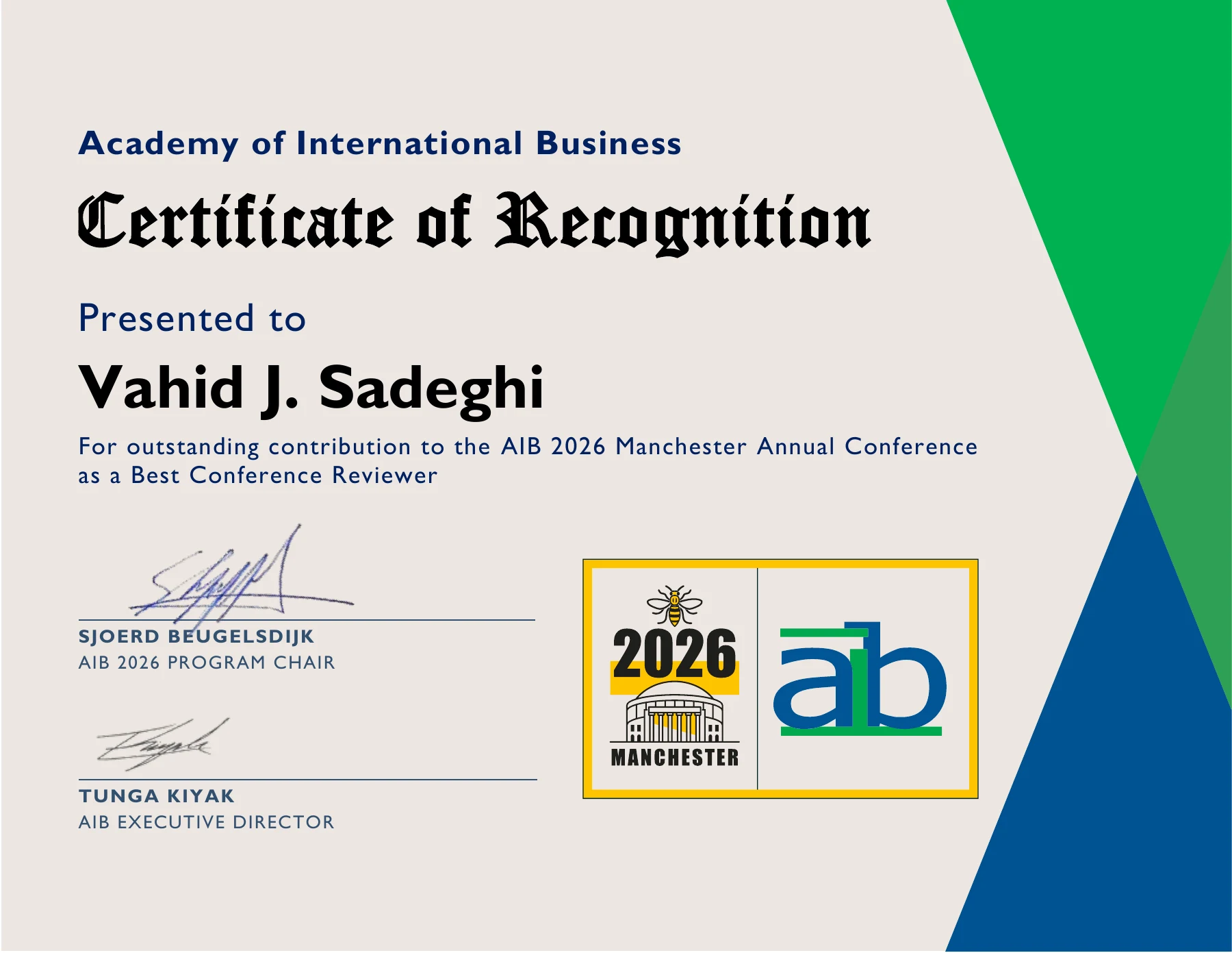 Academy of International Business Certificate of Recognition presented to Vahid J. Sadeghi as a Best Conference Reviewer, Manchester 2026