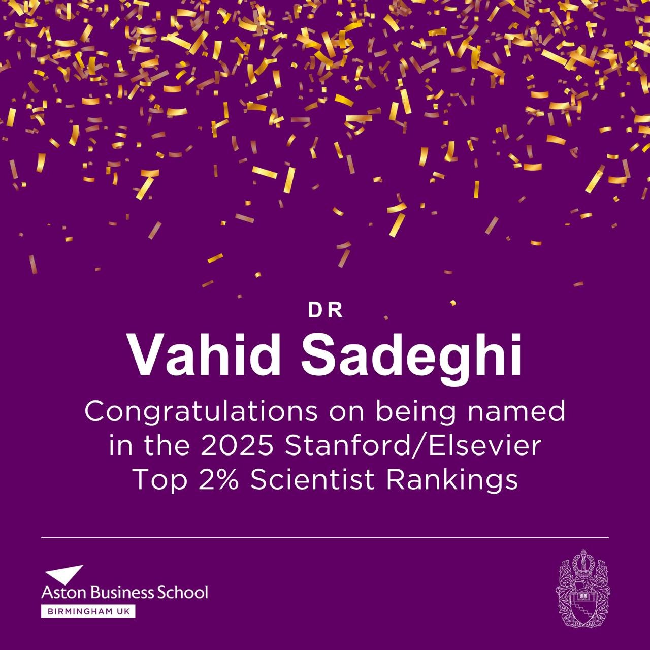 Aston Business School announcement naming Vahid Sadeghi in the 2025 Stanford and Elsevier top two percent of scientists