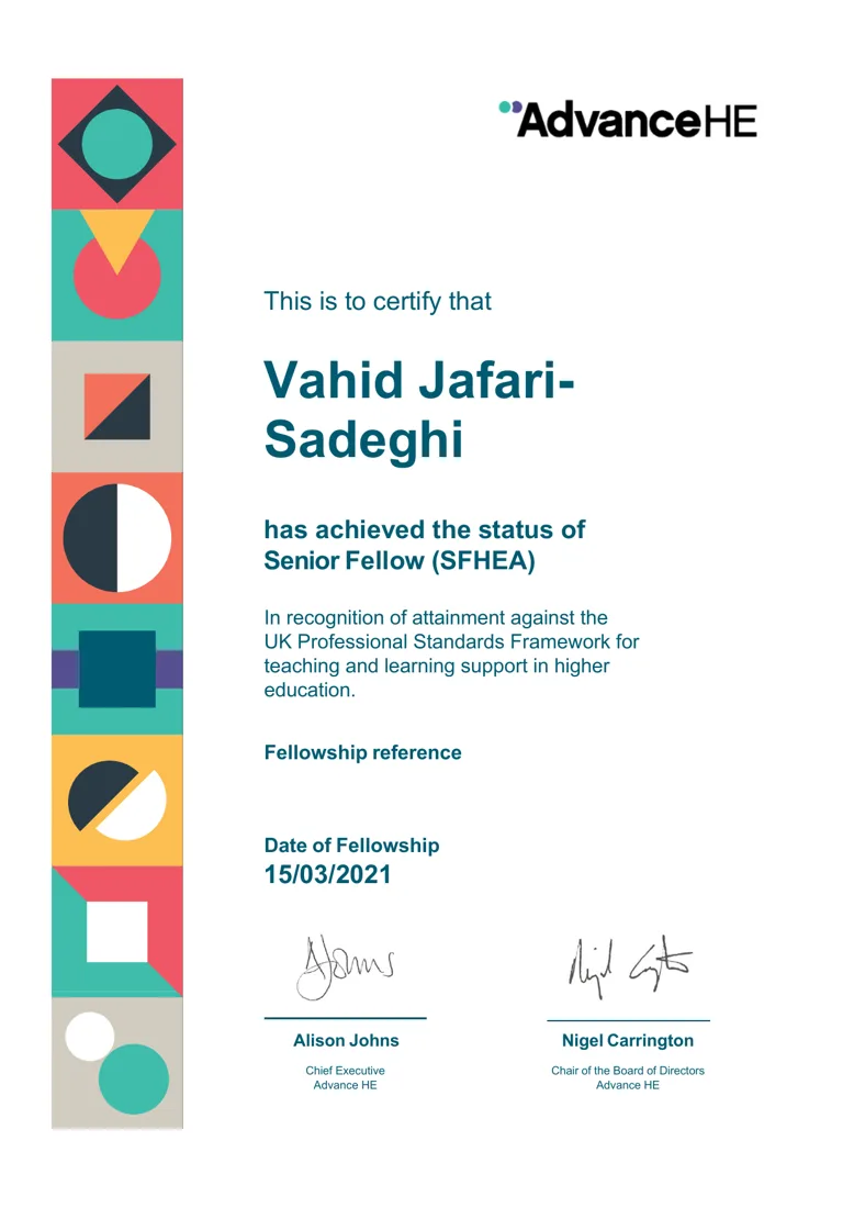 Advance HE certificate confirming Vahid Jafari-Sadeghi as a Senior Fellow of the Higher Education Academy, March 2021